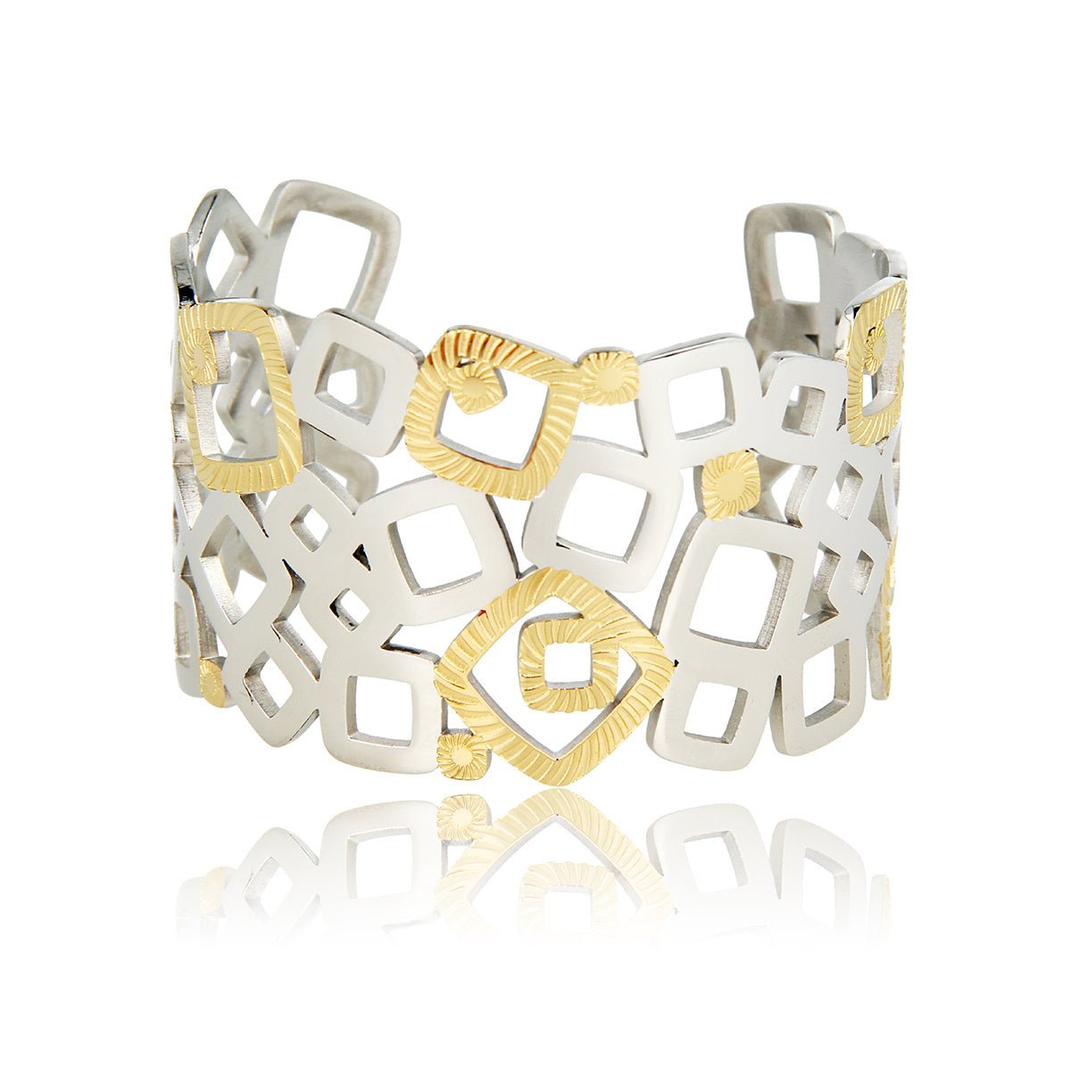 Bicolor stainless steel Bangle met Vierkanten Design - My Bendel Bicolor stainless steel Bangle met Vierkanten Design - My Bendel