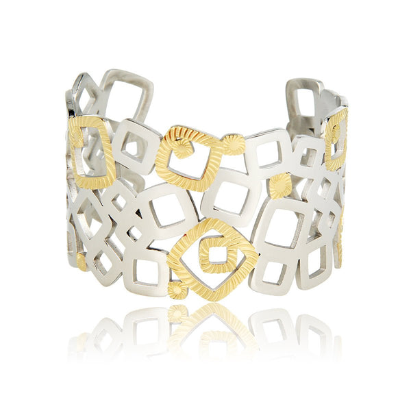 Bicolor stainless steel Bangle met Vierkanten Design - My Bendel Bicolor stainless steel Bangle met Vierkanten Design - My Bendel