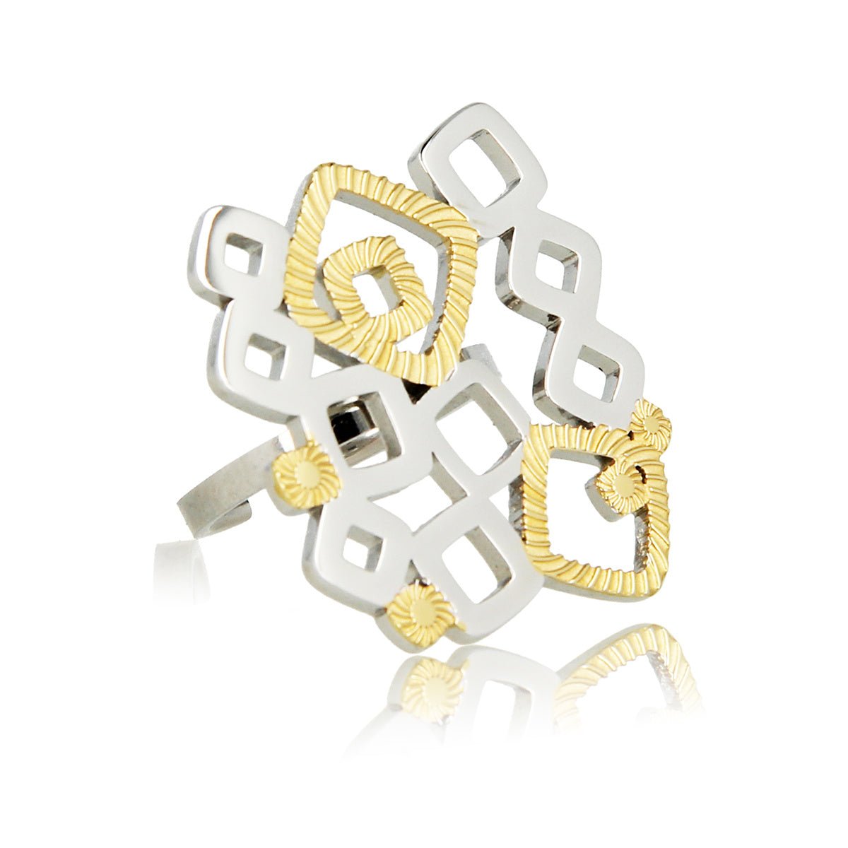 Unieke damesring zilver - goud - chique design - Stainless steel basis - My Bendel Unieke damesring zilver - goud - chique design - Stainless steel basis - My Bendel