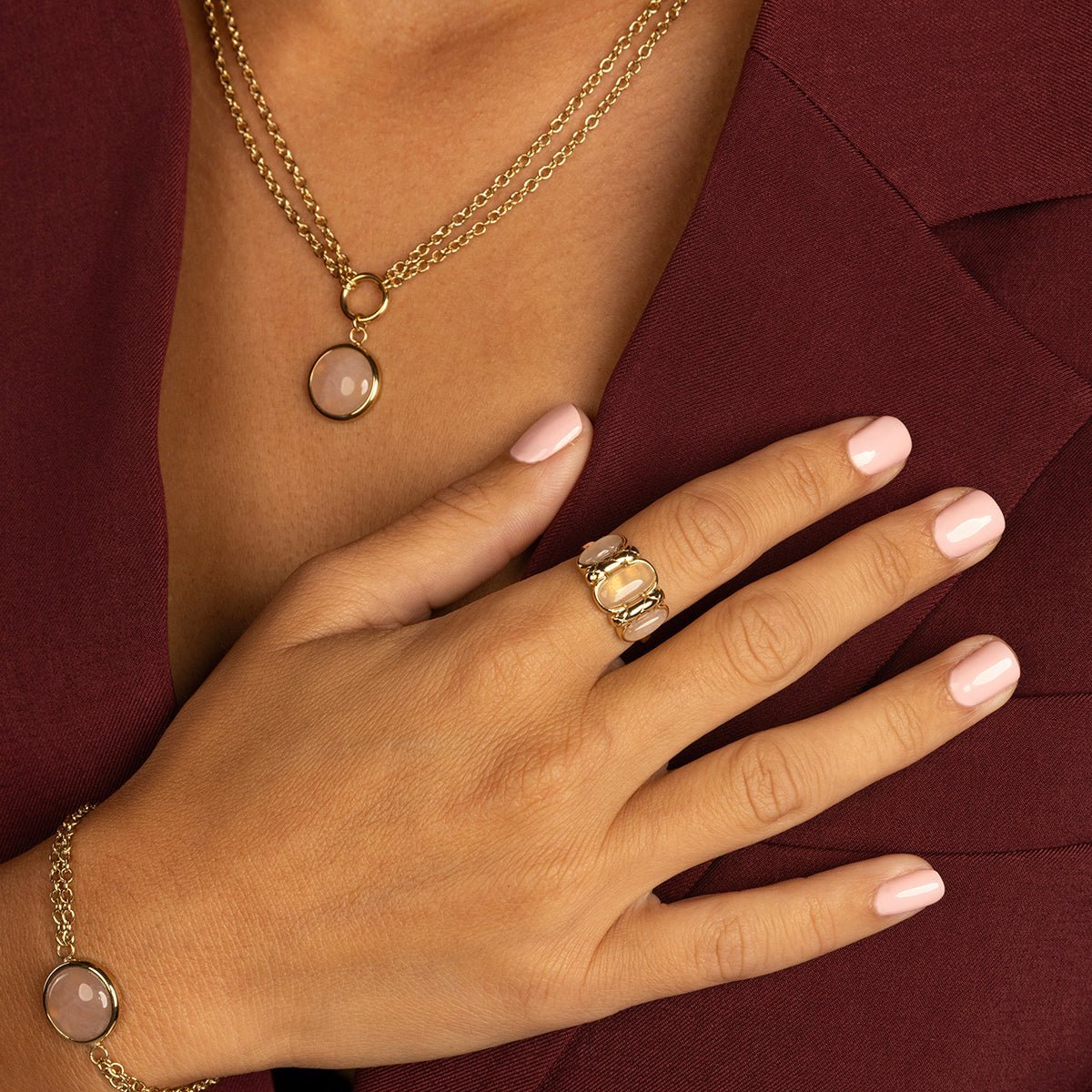 Gouden Rose Quartz vintage ring, dubbele gold plated schakelketting met Rose Quartz en bijpassende armband