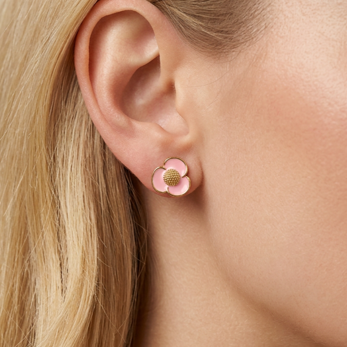 Rosa Epoxid Blume Ohrstecker in Gold