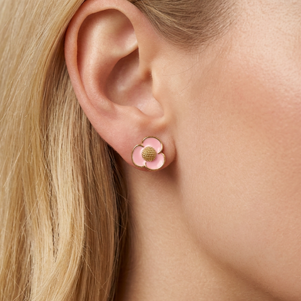 Rosa Epoxid Blume Ohrstecker in Gold