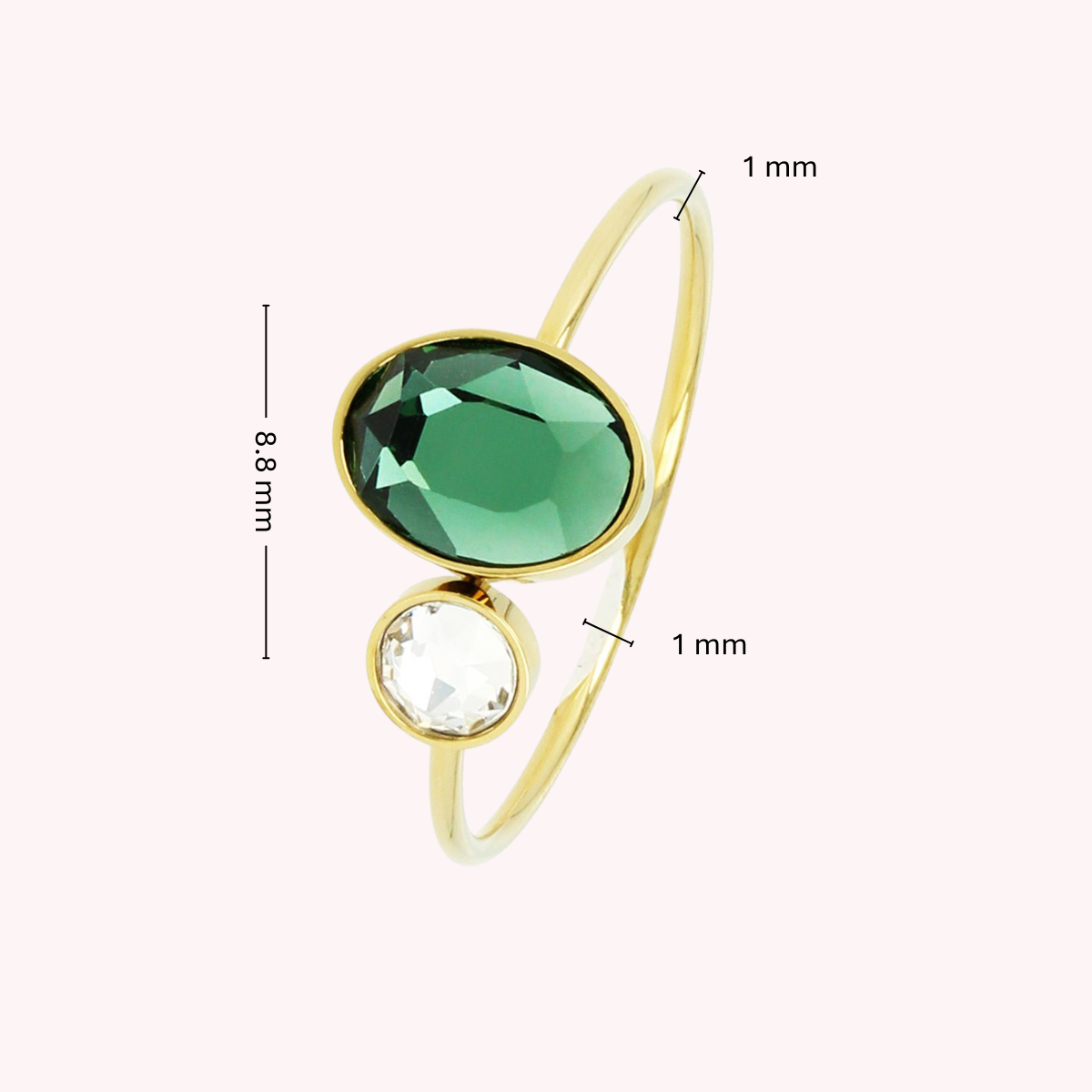 Gold stacking ring - green and crystal glass stone