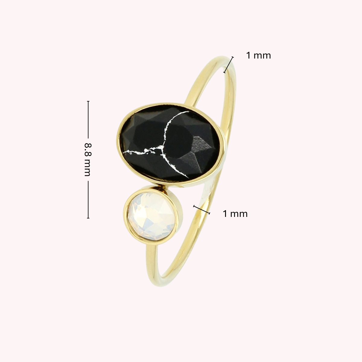 Golden stacking ring - Black and quartz glass stone