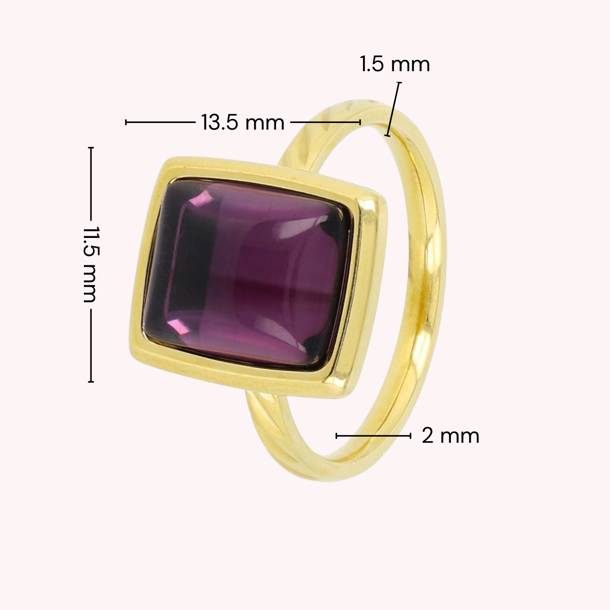 Golden women's ring - purple glass stone 11 mm