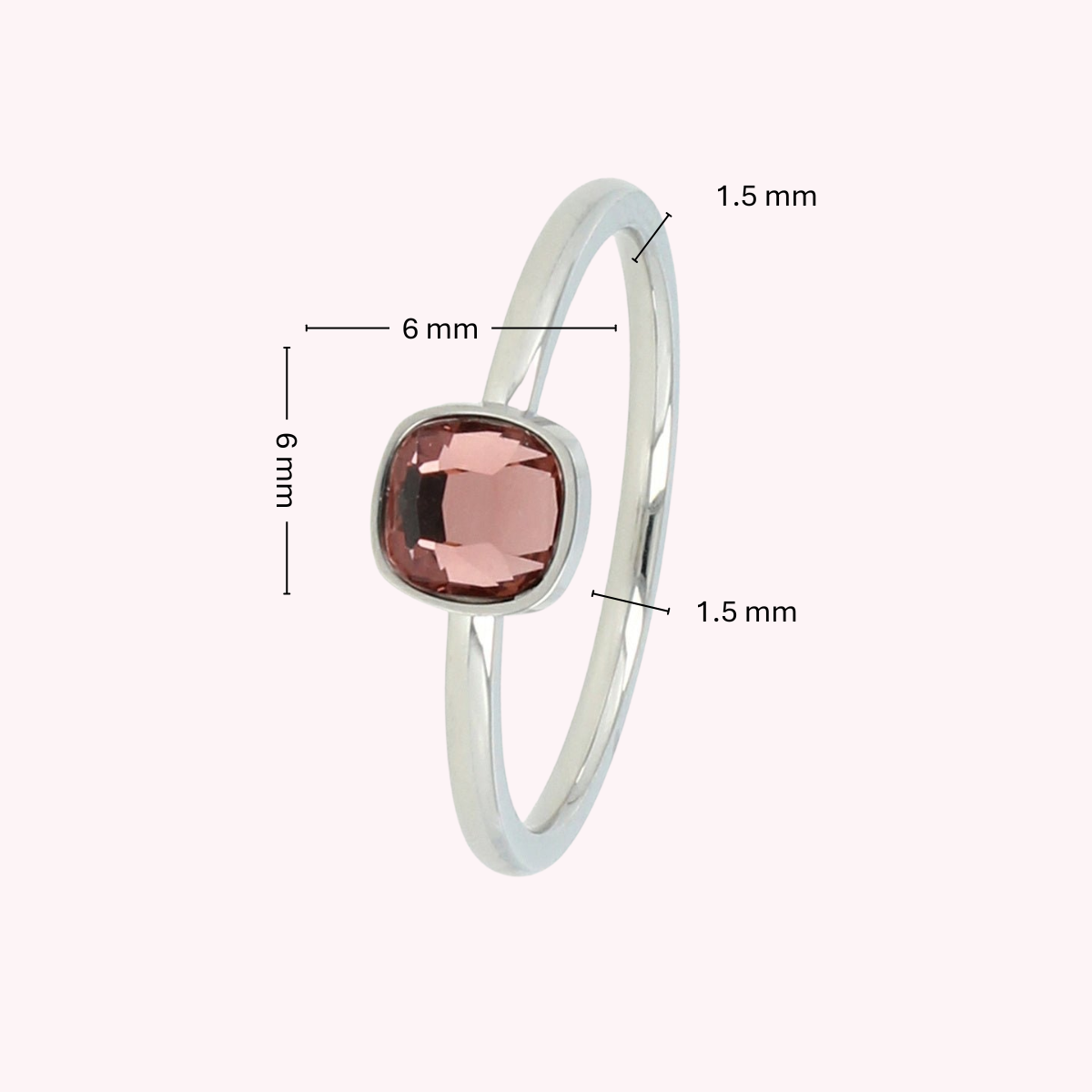 Zilveren Ring met Vierkante Glassteen • Donkerroze