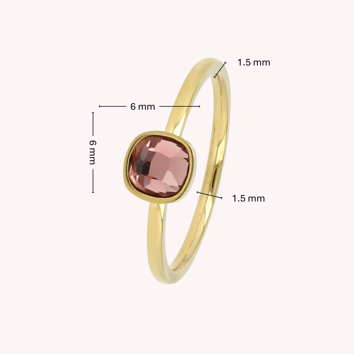 Gouden Ring met Vierkante Glassteen • Donkerroze