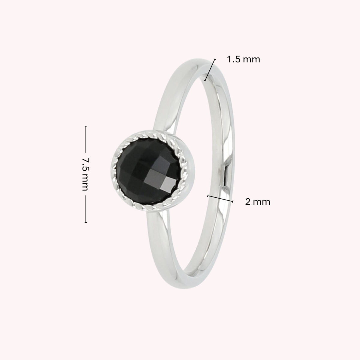 Ring with Round Glass Stone & Twisted Edge • Black • Silver