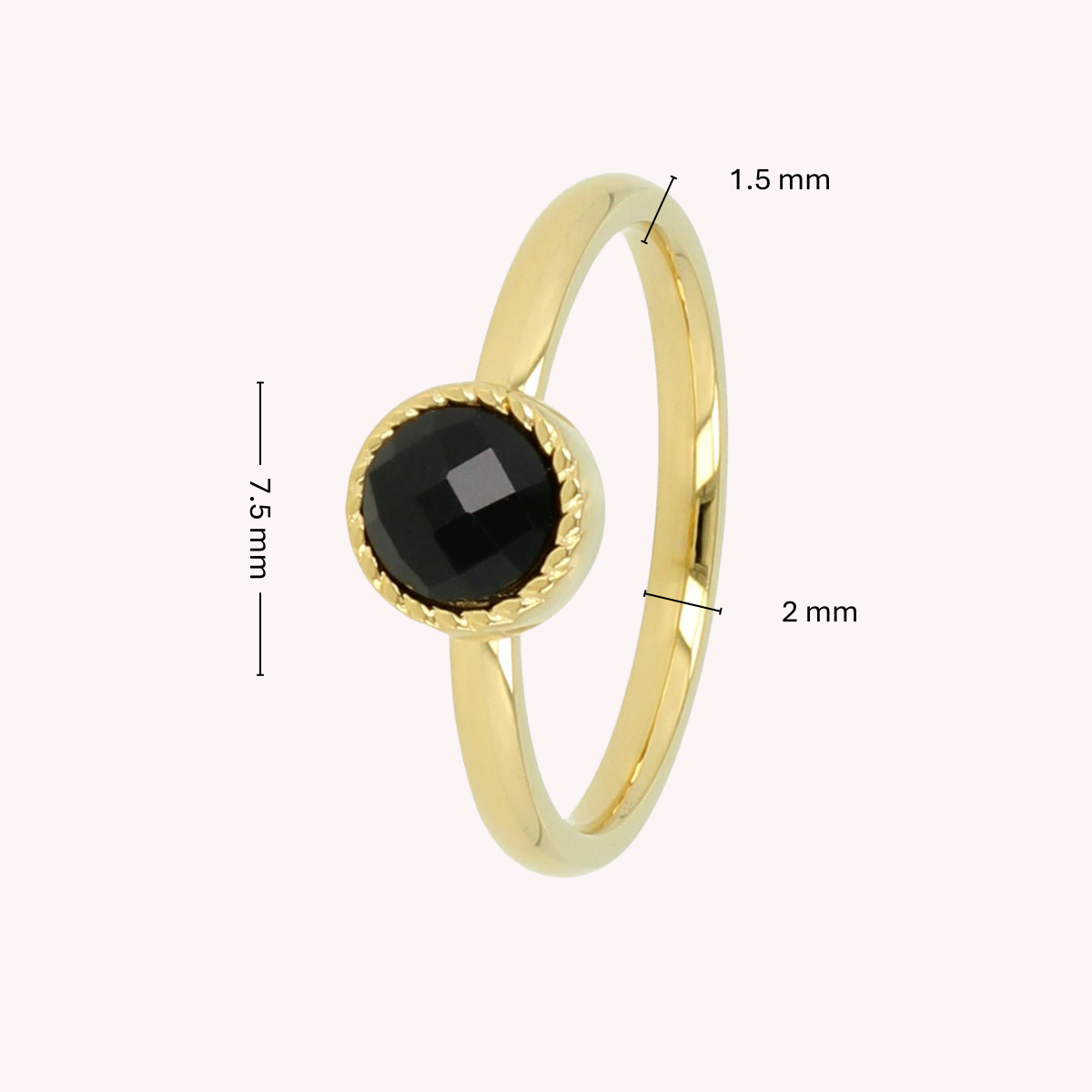 Ring with Round Glass Stone & Twisted Edge • Black • Gold