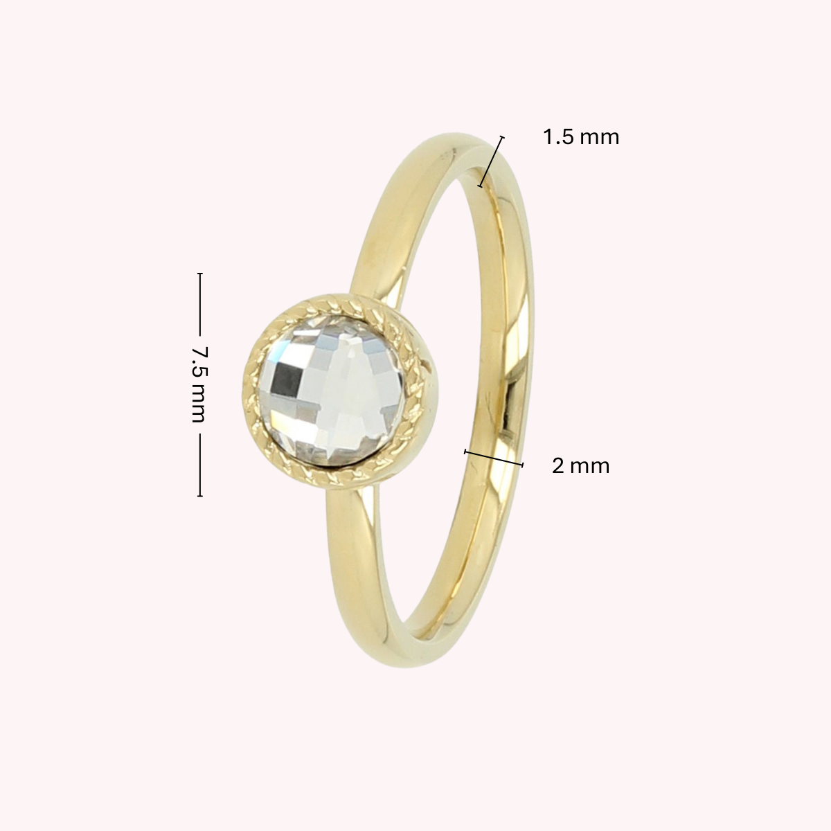 Ring with Round Glass Stone & Twisted Edge • Crystal • Gold