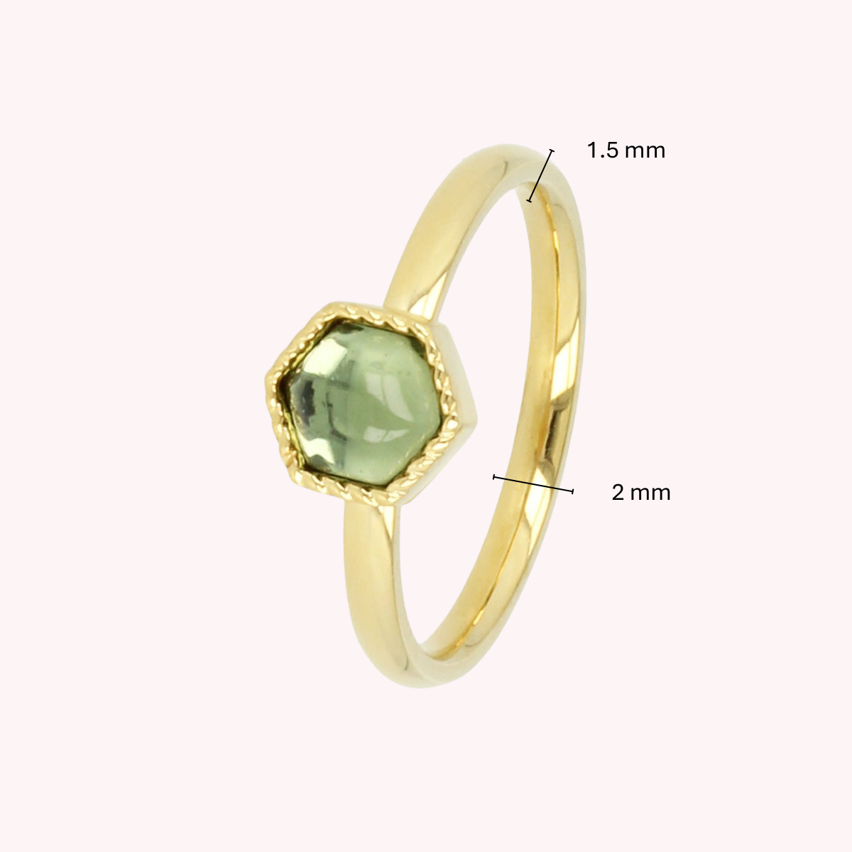Gouden ring - zeshoek vorm - groene glassteen