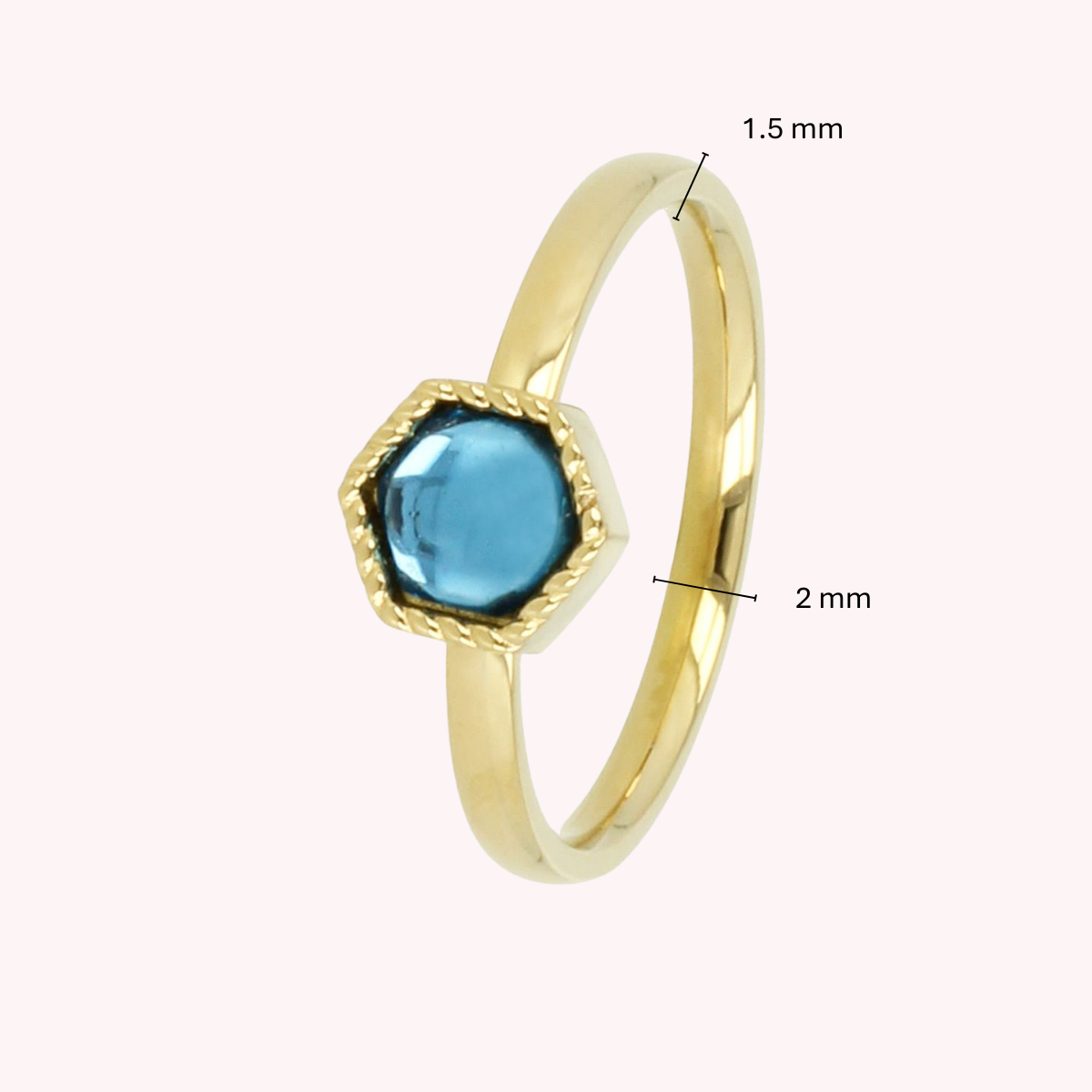 Goldener Ring - Sechseckiges Design - Blauer Glasstein