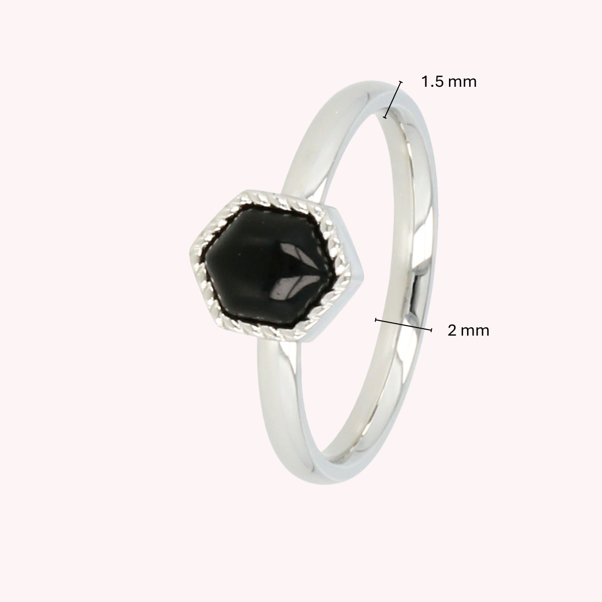 Silver ring - hexagon - black glass stone - vintage look