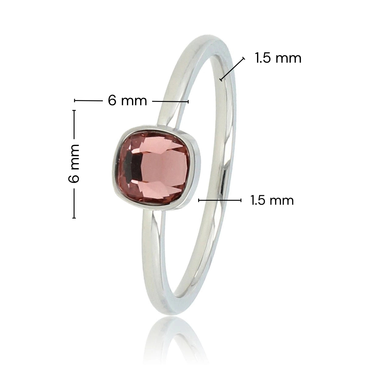 Silberner Ring mit quadratischem Glasstein • Dunkelrosa