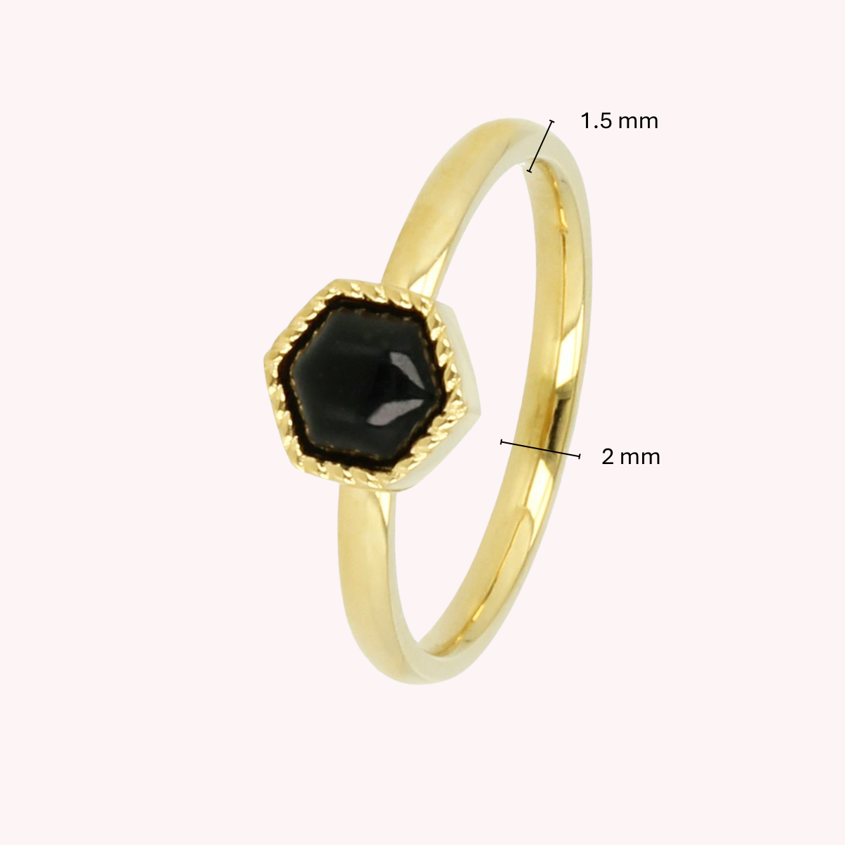 Goldener Ring - sechseckiges Design - schwarzer Glasstein