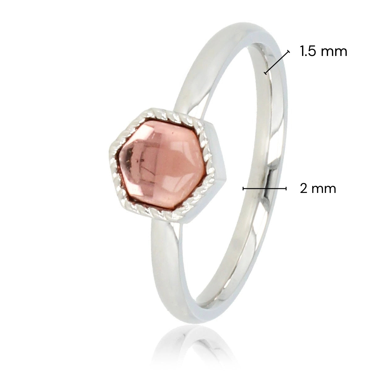 Silver ring - hexagon - dark pink glass stone