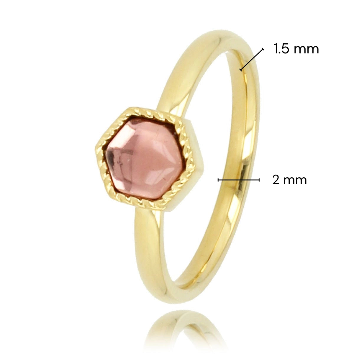Gold ring - hexagonal - dark pink glass stone