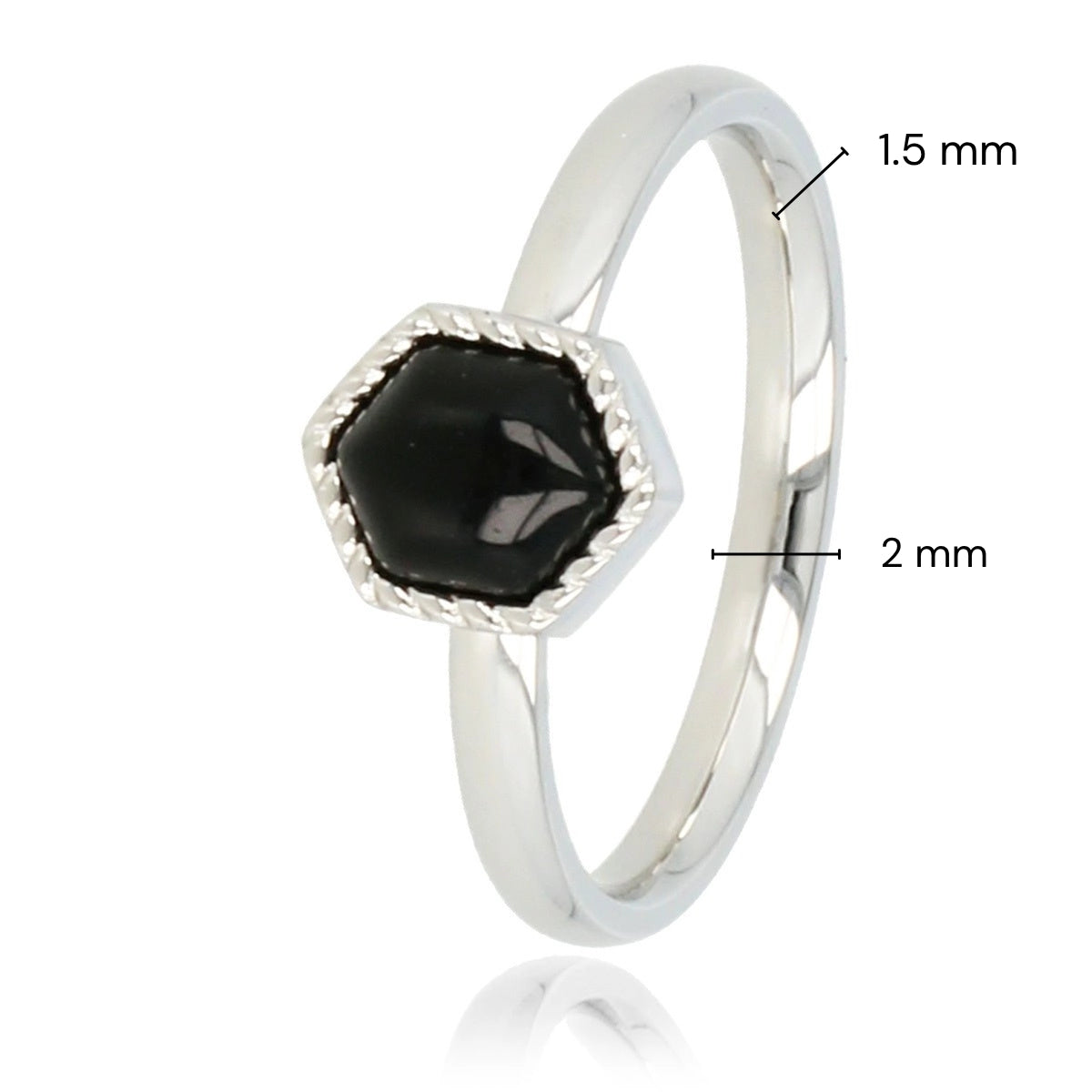 Silver ring - hexagon - black glass stone - vintage look