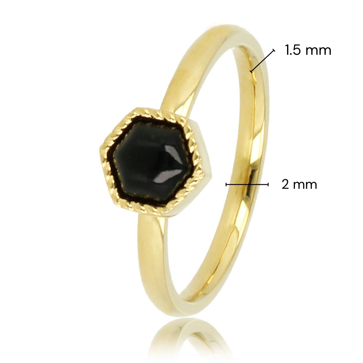 Gold ring - hexagonal design - black glass stone