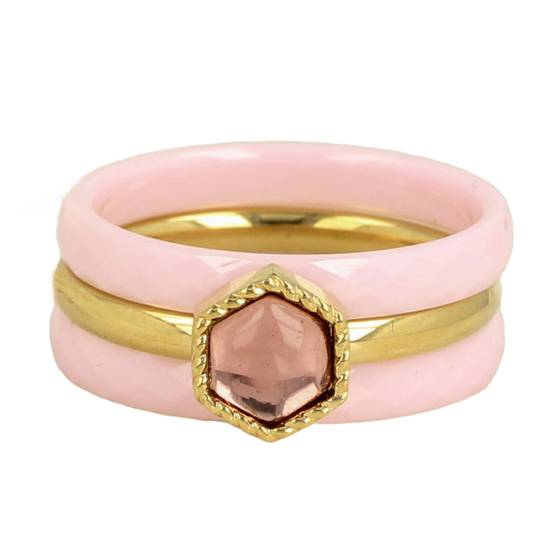 Zomerse roze ringenset - keramiek en glassteen