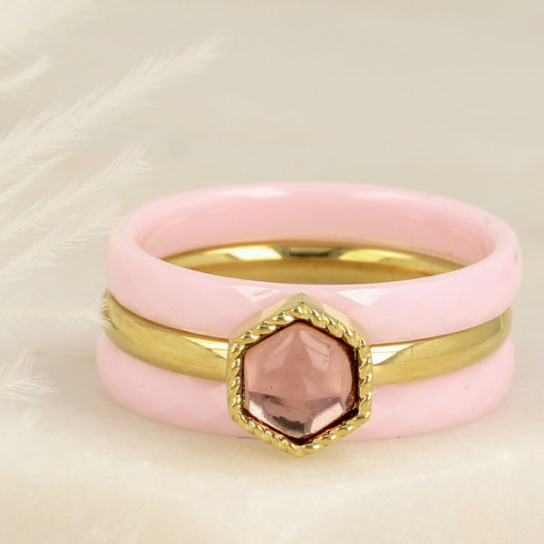 Zomerse roze ringenset - keramiek en glassteen