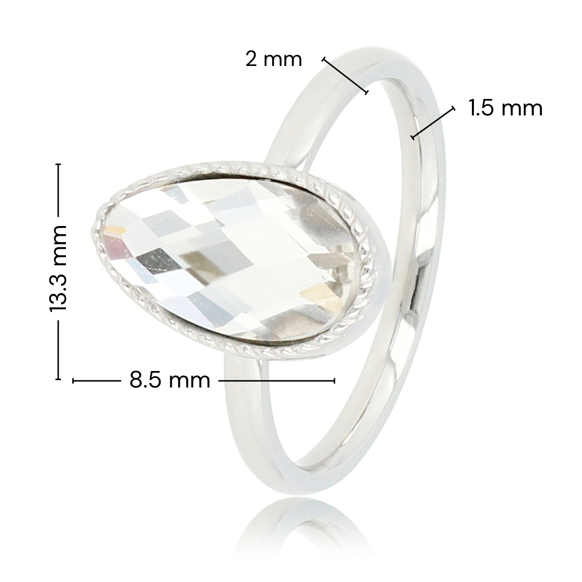 Ring mit Tropfen-Glasstein & gedrehtem Rand • Kristall • Silber