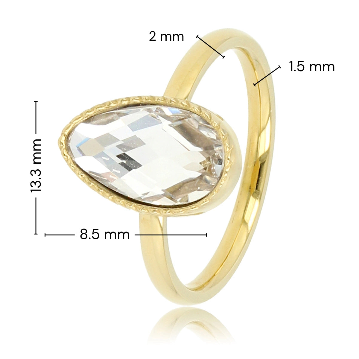 Ring met Druppel Glassteen & Getwist Randje • Kristal • Goud