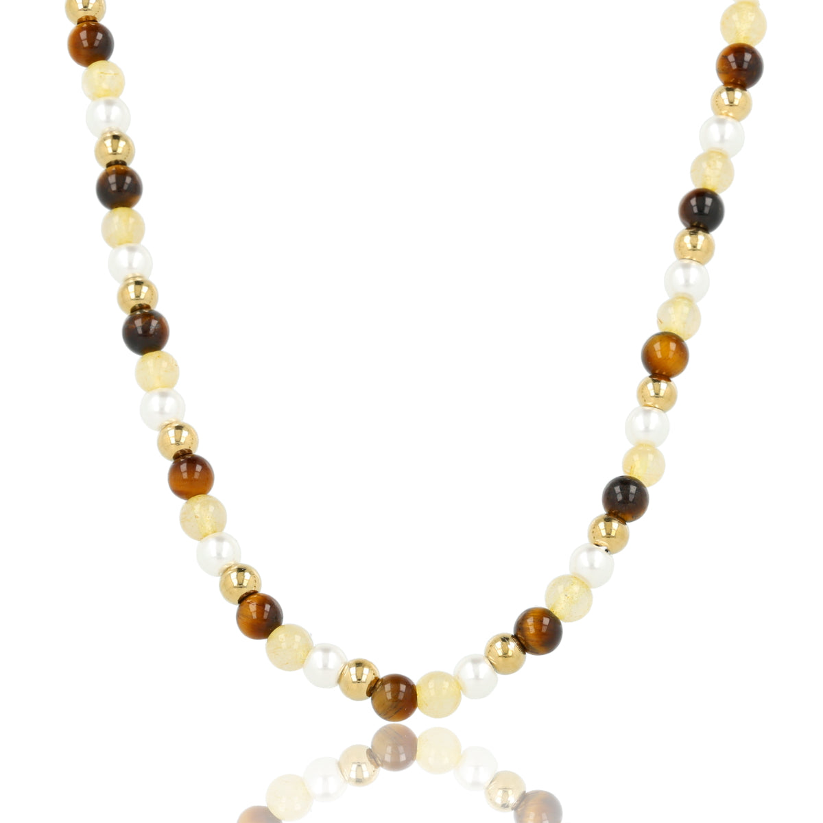 Beaded Necklace with Various Precious Stones - Tiger's Eye, Citrine, and Pearls