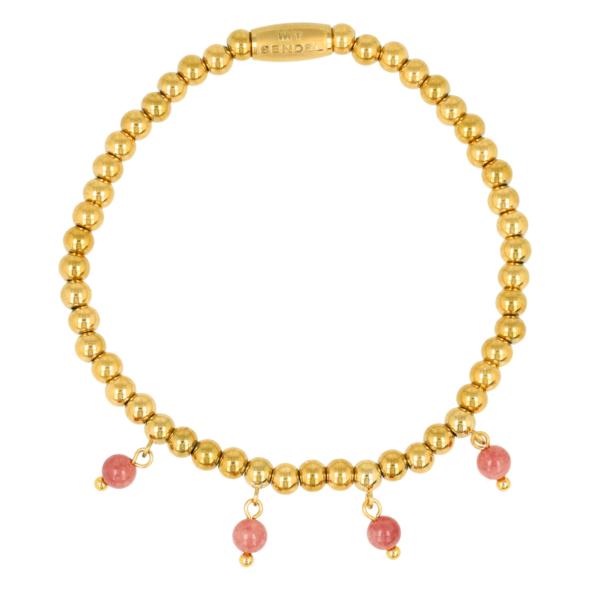 Elastic Bracelet with Round Gemstone Charms • Rhodonite