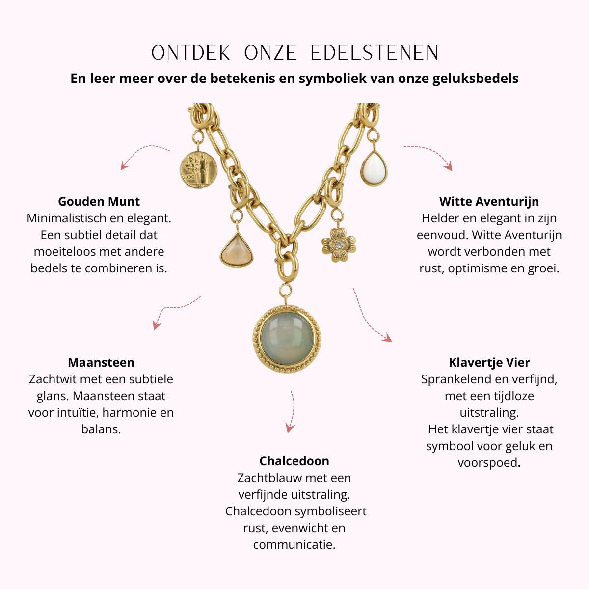 Ketting met edelstenen bedels en geluksbedels