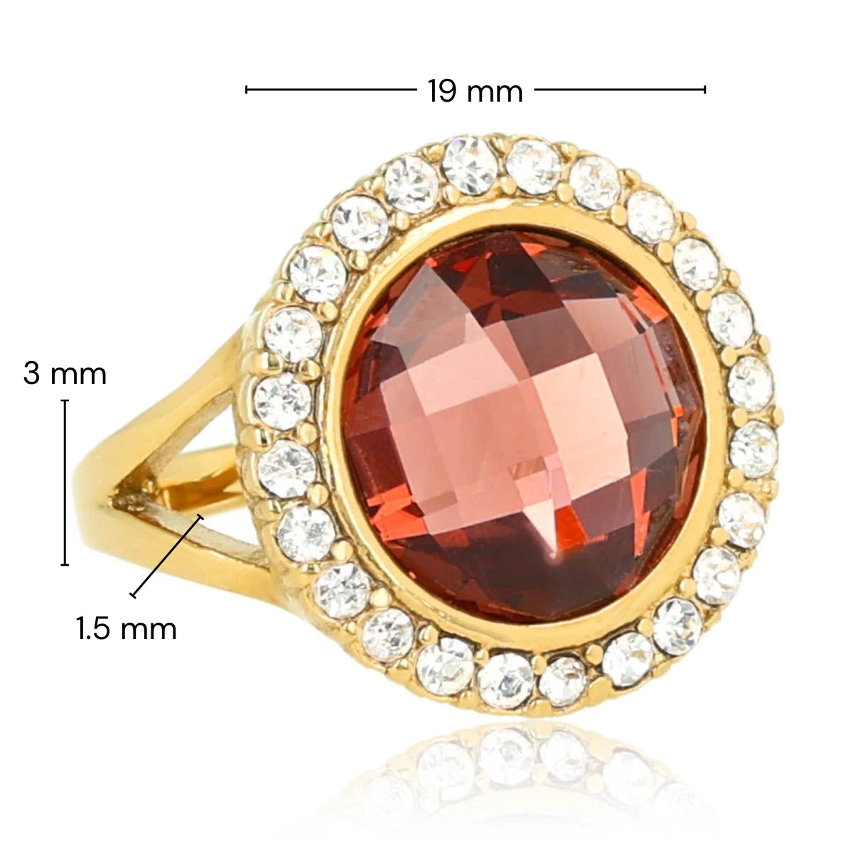 Elegant Ring with Round Glass Stone & Zirconia • Ruby Wine
