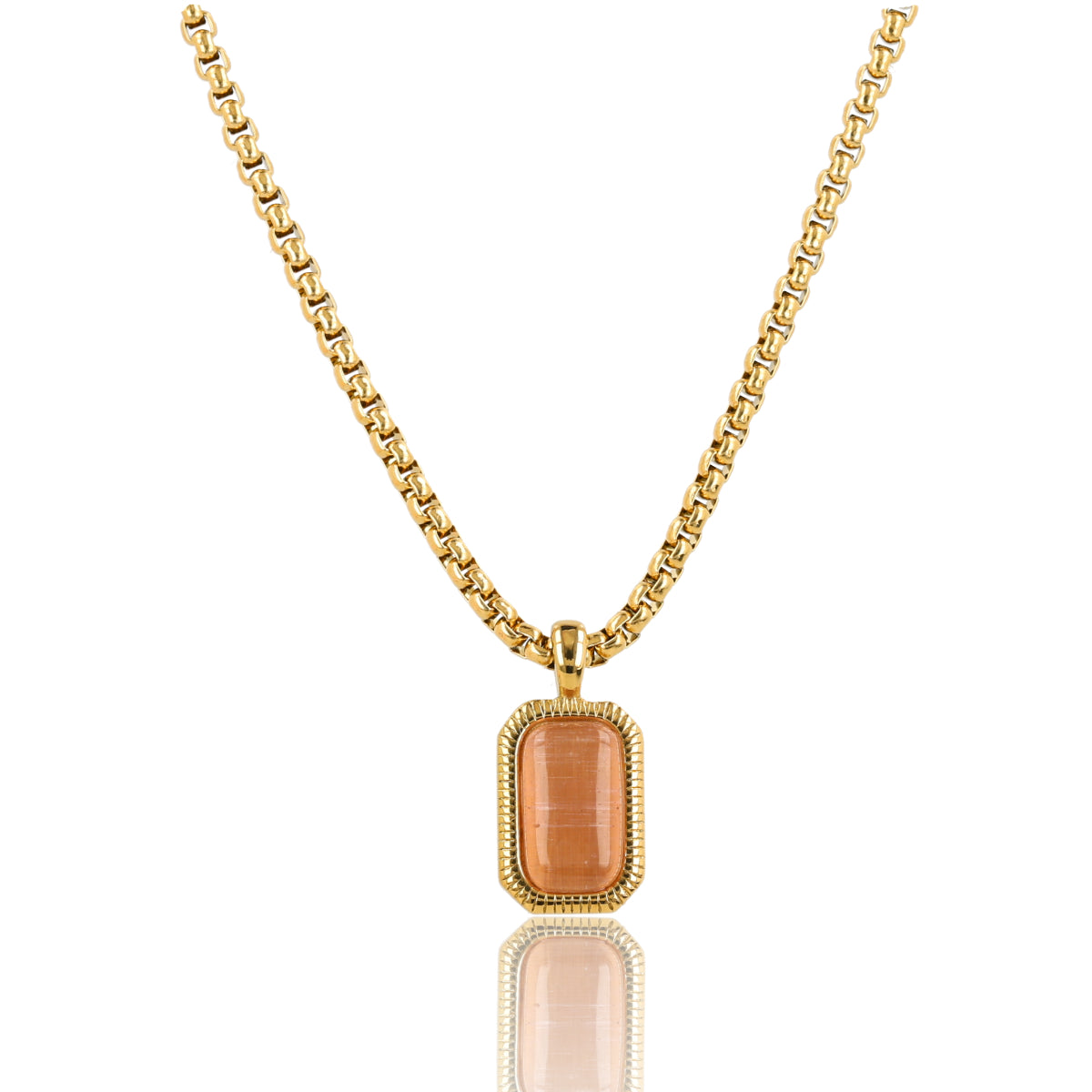 Ketting met Rechthoekige Edelsteen en Ribbelrand • Pink Moonstone