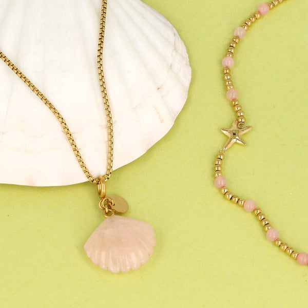 Gouden Zeester Armband met Rose Quartz Edelstenen