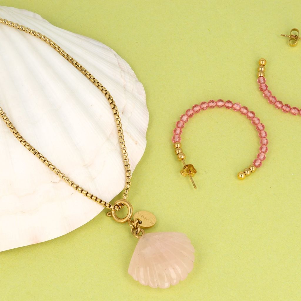 Golden Box necklace with Rose Quartz Shell - Summer Necklace