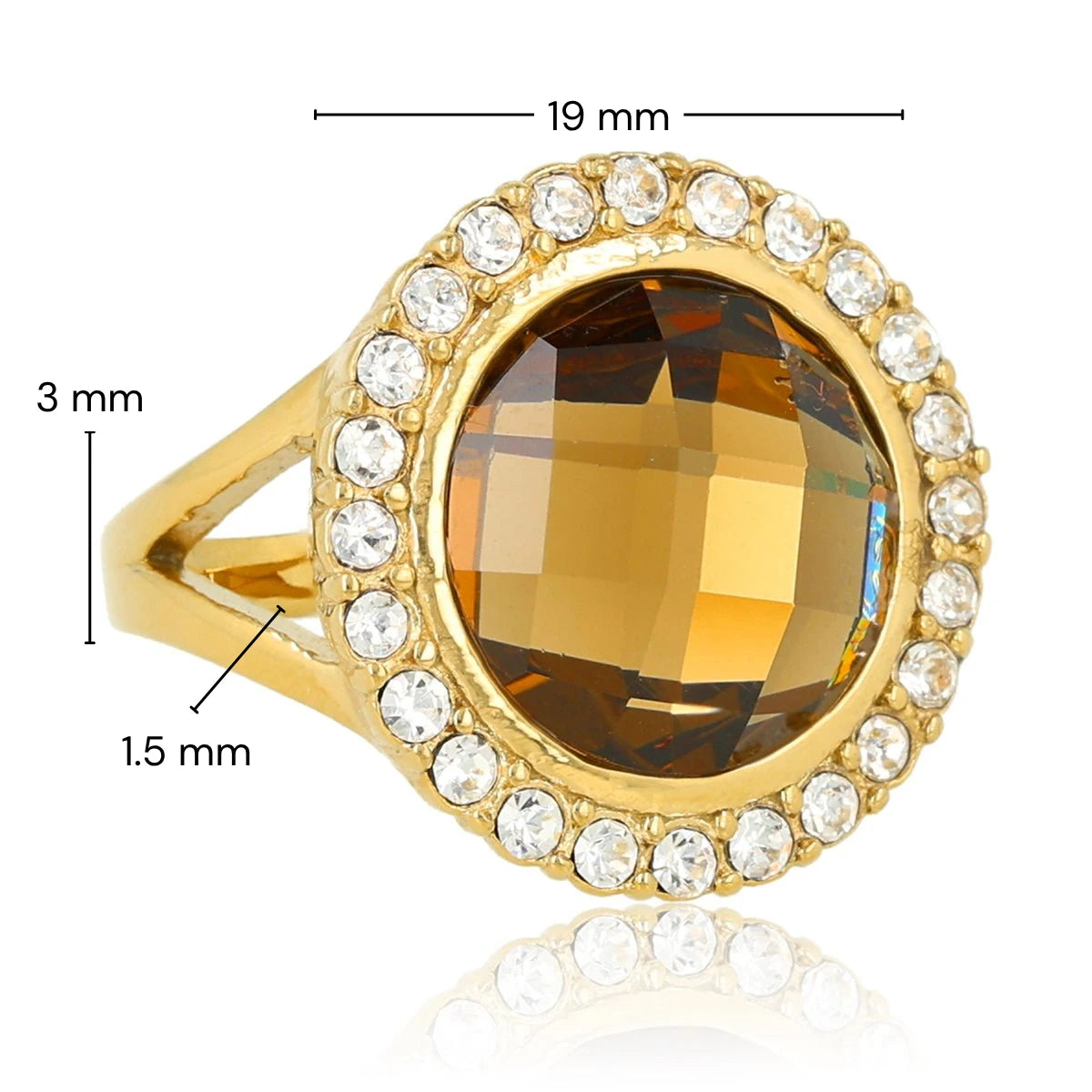 Eleganter Ring mit rundem Glasstein & Zirkonia • Smoky Topaz