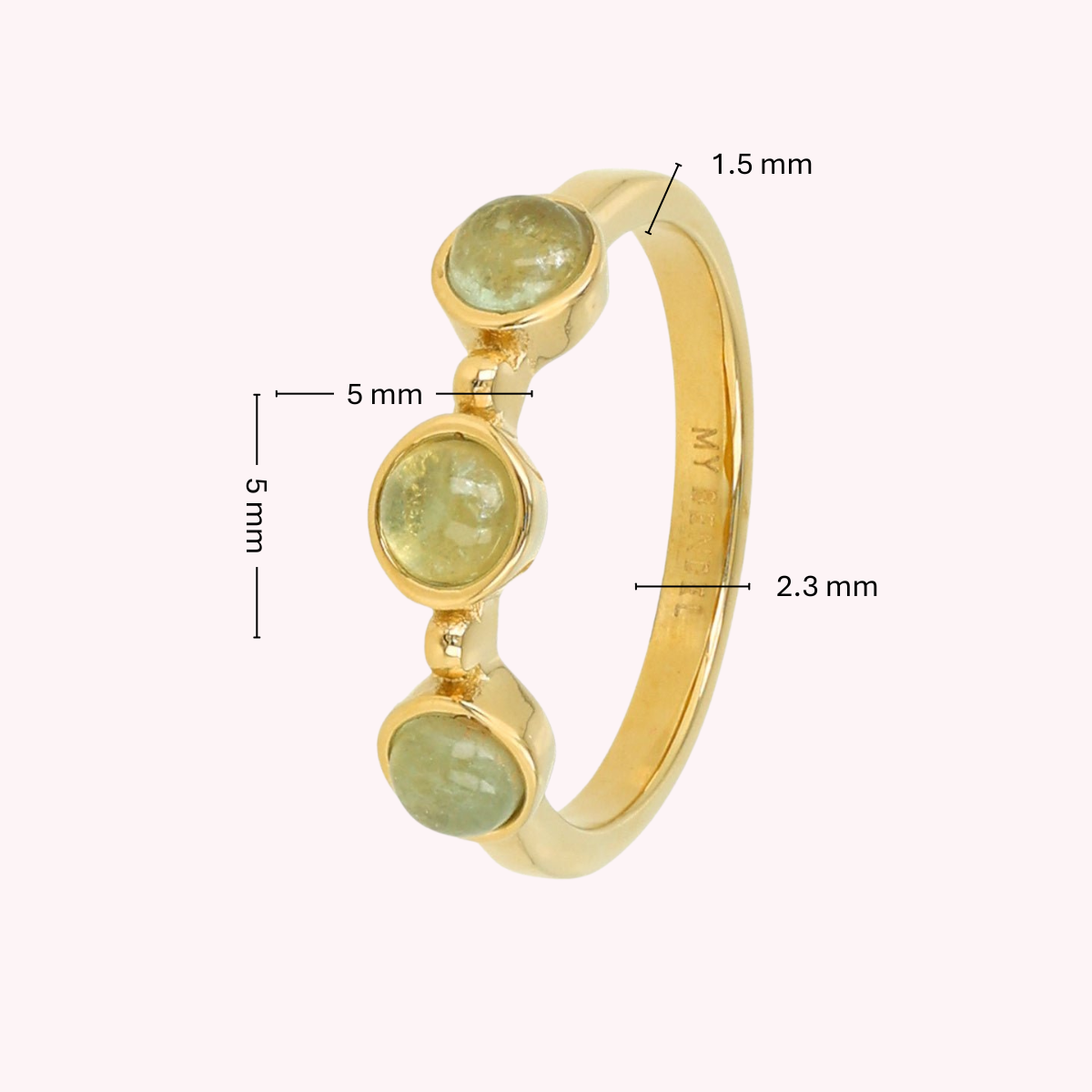 Gold ring - three Green Fluorite gemstones