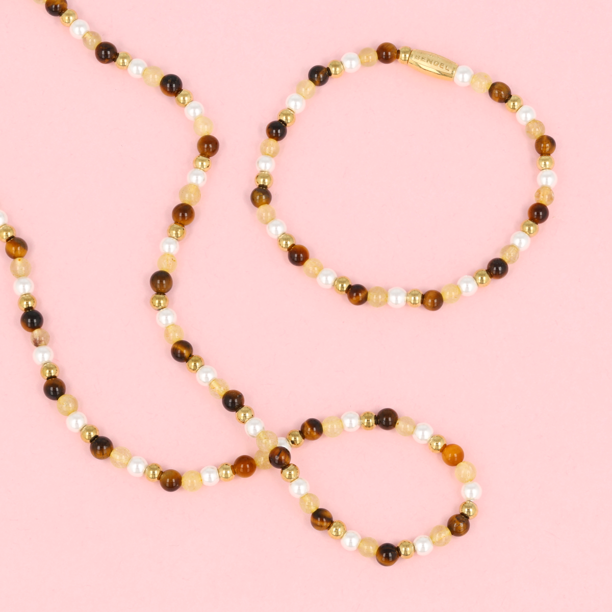 Elastic Beaded Bracelet with Various Gemstones • Tiger Eye, Citrine & Pearls