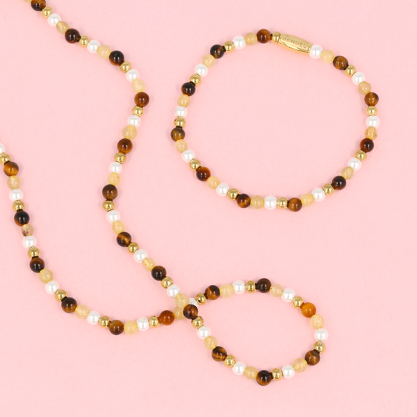 Elastische Kralenarmband met Verschillende Edelstenen - Tiger Eye, Citrine & Parels