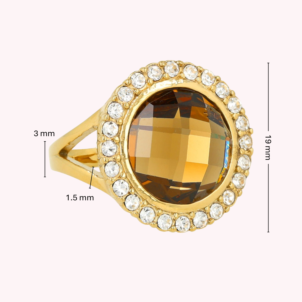 Eleganter Ring mit rundem Glasstein & Zirkonia • Smoky Topaz