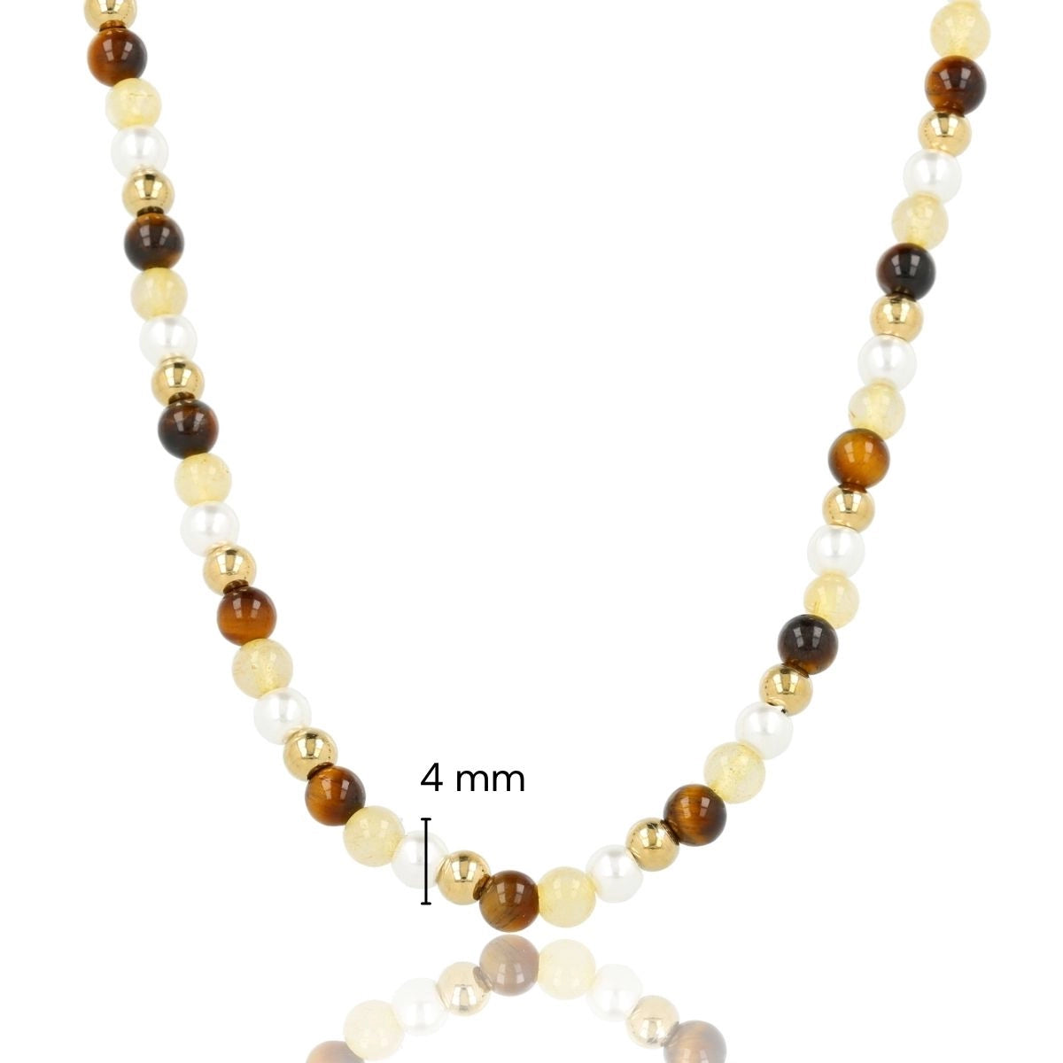 Beaded Necklace with Various Precious Stones - Tiger's Eye, Citrine, and Pearls