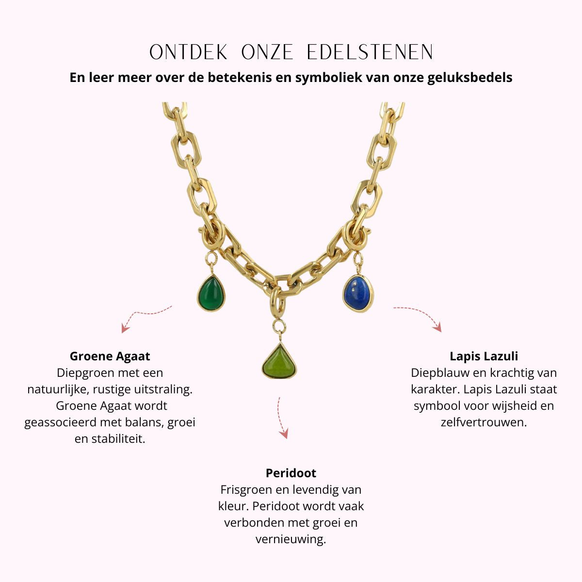 Grove schakelketting met drie edelstenen bedels