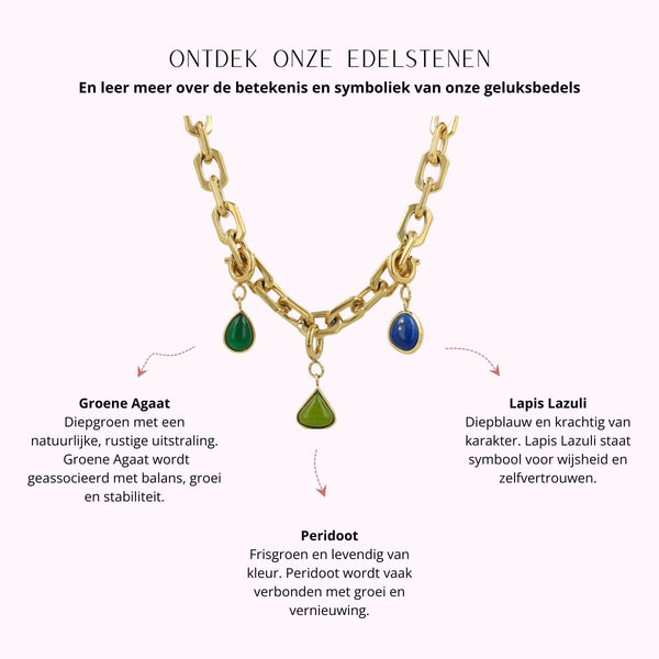 Grove schakelketting met drie edelstenen bedels