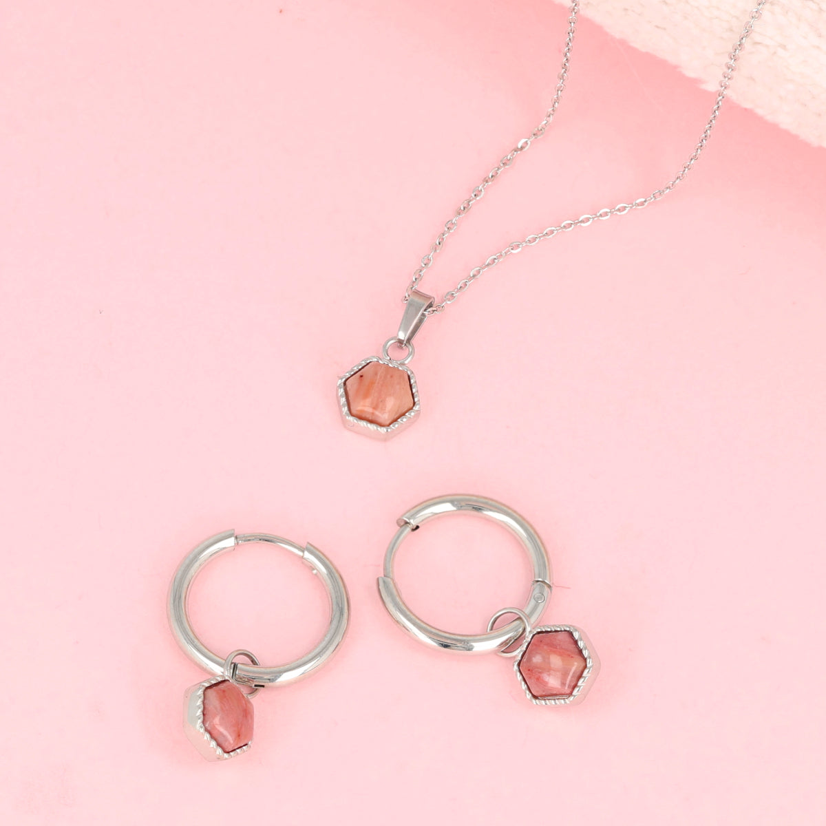 Schmuckset Silber - Rhodonit sechseckiger Anhänger