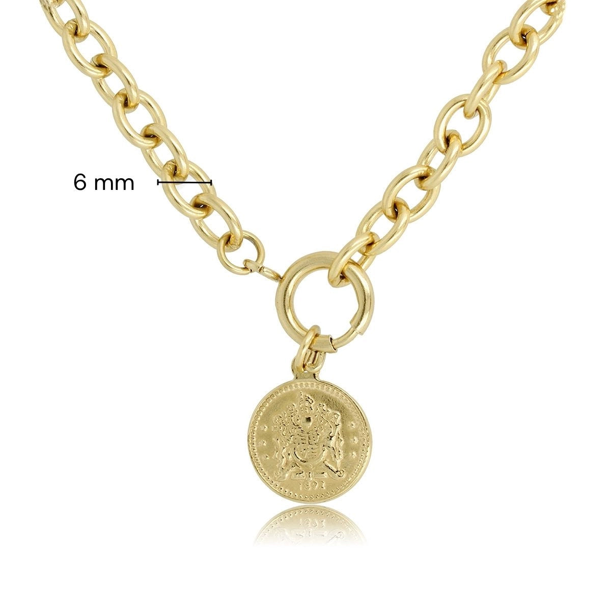Gold chain with large links and coin pendant