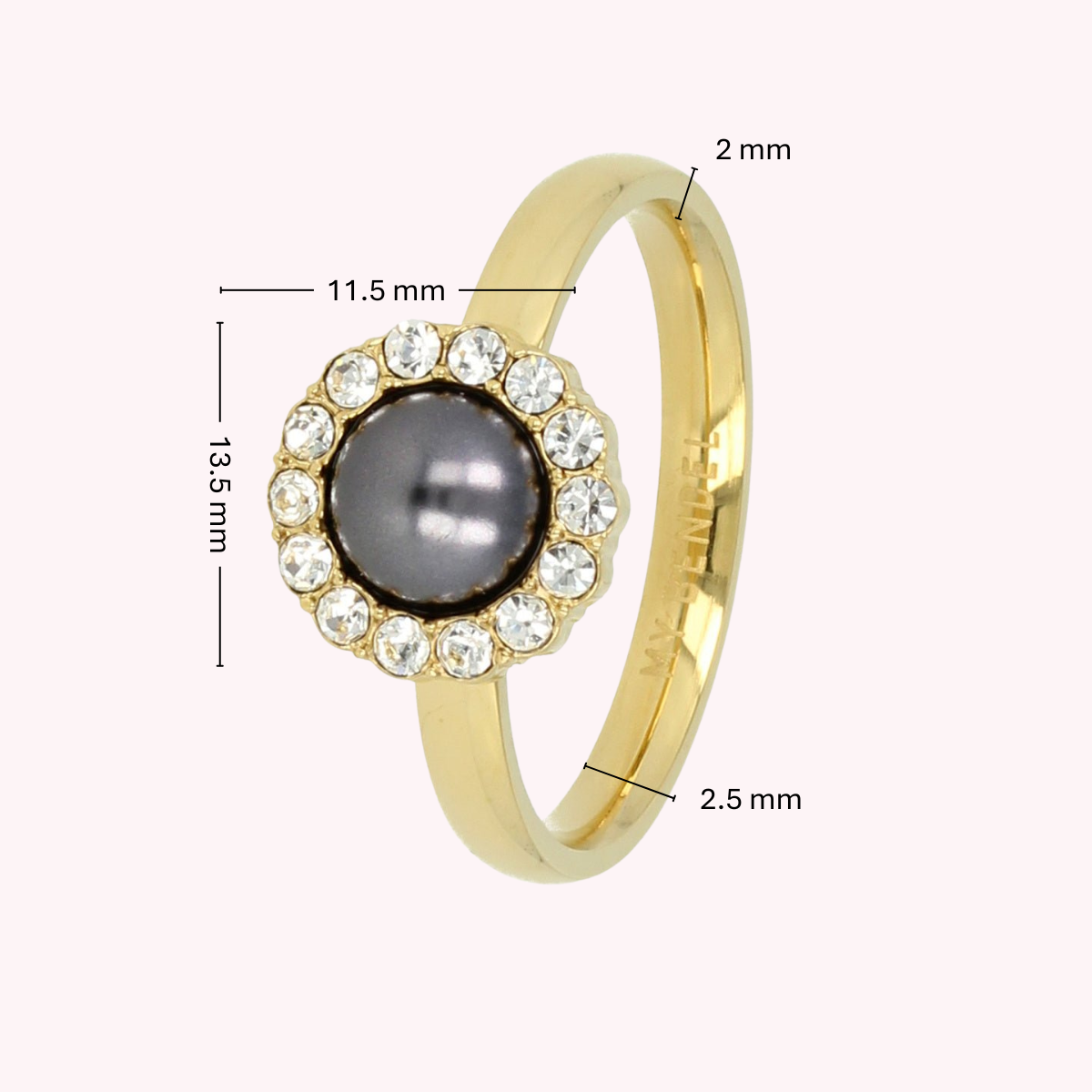 Gouden ring - zwarte parel - zirkonia steentjes