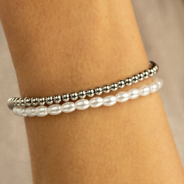 Zilveren armband met witte parels - elastisch