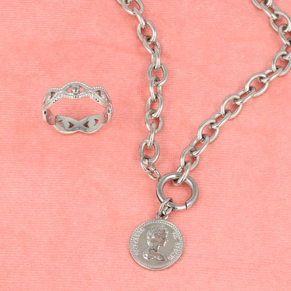 Zilveren sieraden set - ketting met muntje
