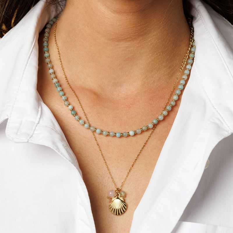 Gouden Ketting met Schelp, Rose Quartz & Fluorite Edelstenen