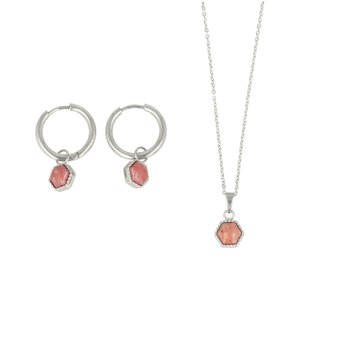 Schmuckset Silber - Rhodonit sechseckiger Anhänger