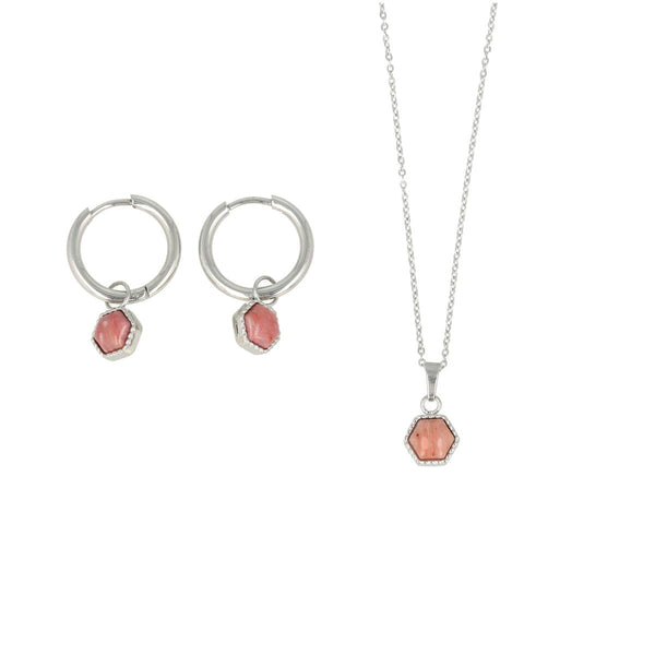 Schmuckset Silber - Rhodonit sechseckiger Anhänger